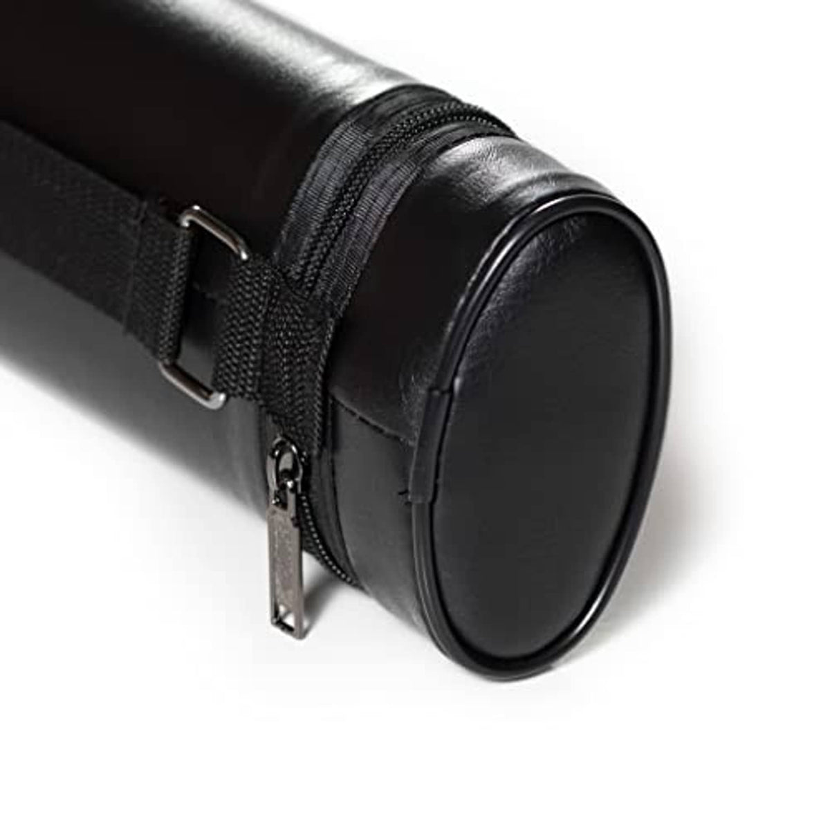 Black billiard cue case end with rounded cap, zipper, and strap detail.