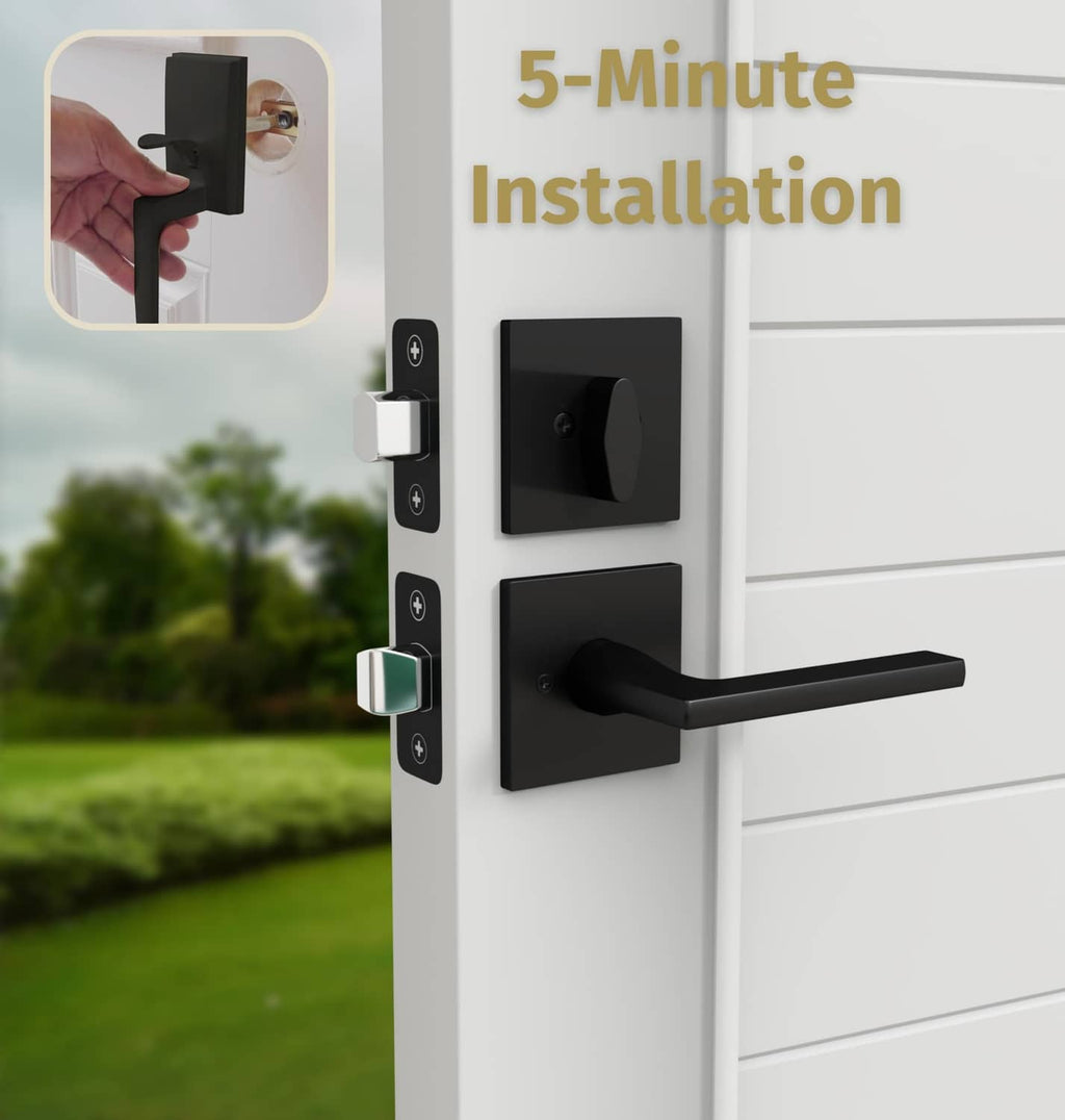 Matte black entry door handleset with lever handle and deadbolt lock