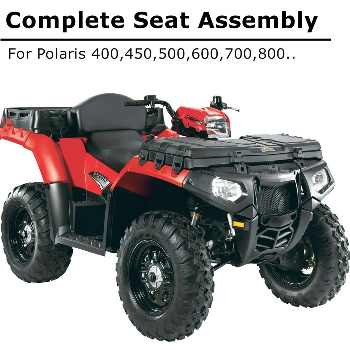 Black ATV seat assembly installed on a four-wheeler, contoured cushion profile