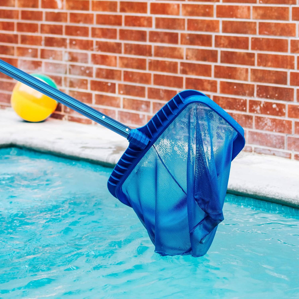 Blue pool pole with triangular net skimmer for collecting debris from water