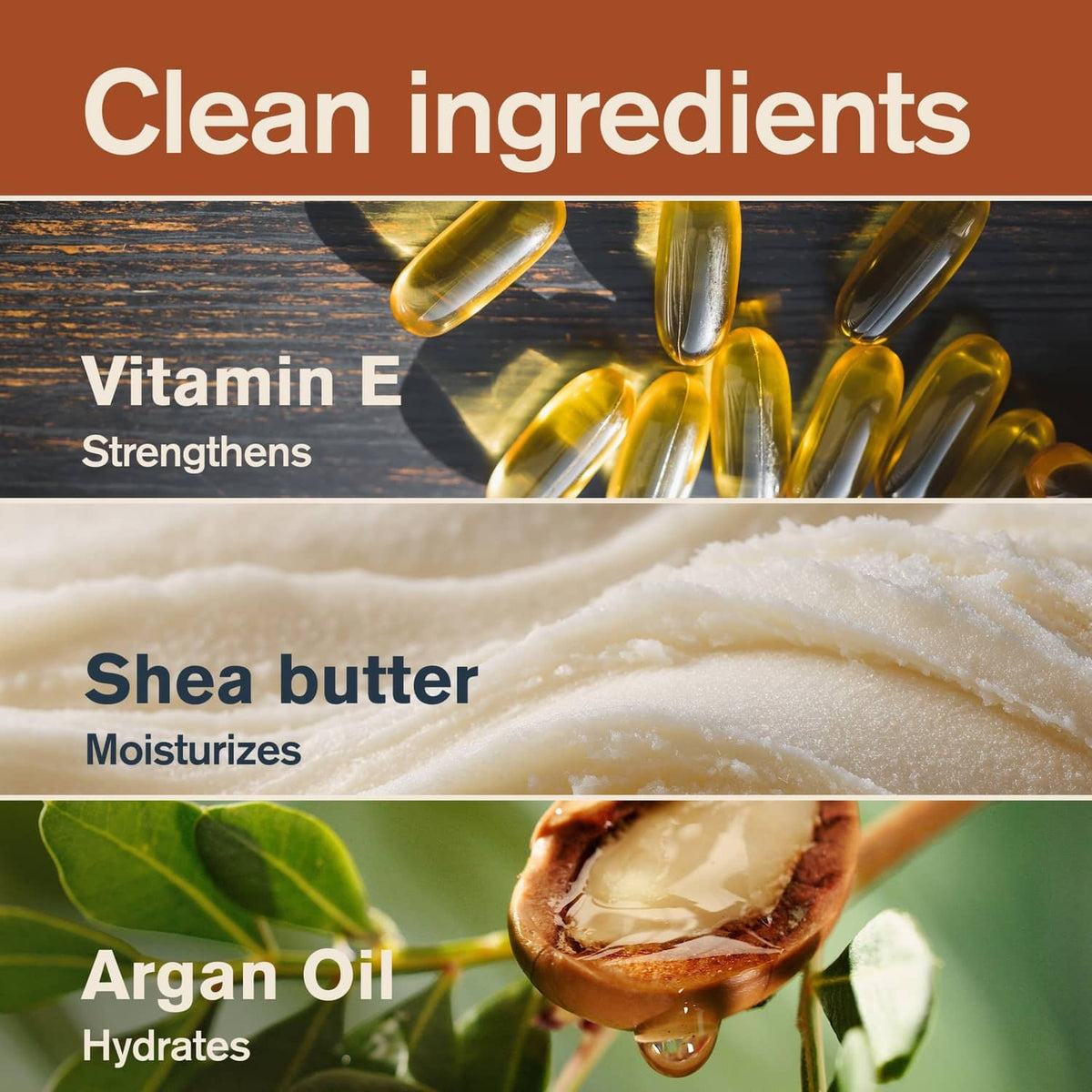 Beard oil ingredients infographic with vitamin E, shea butter, and argan oil