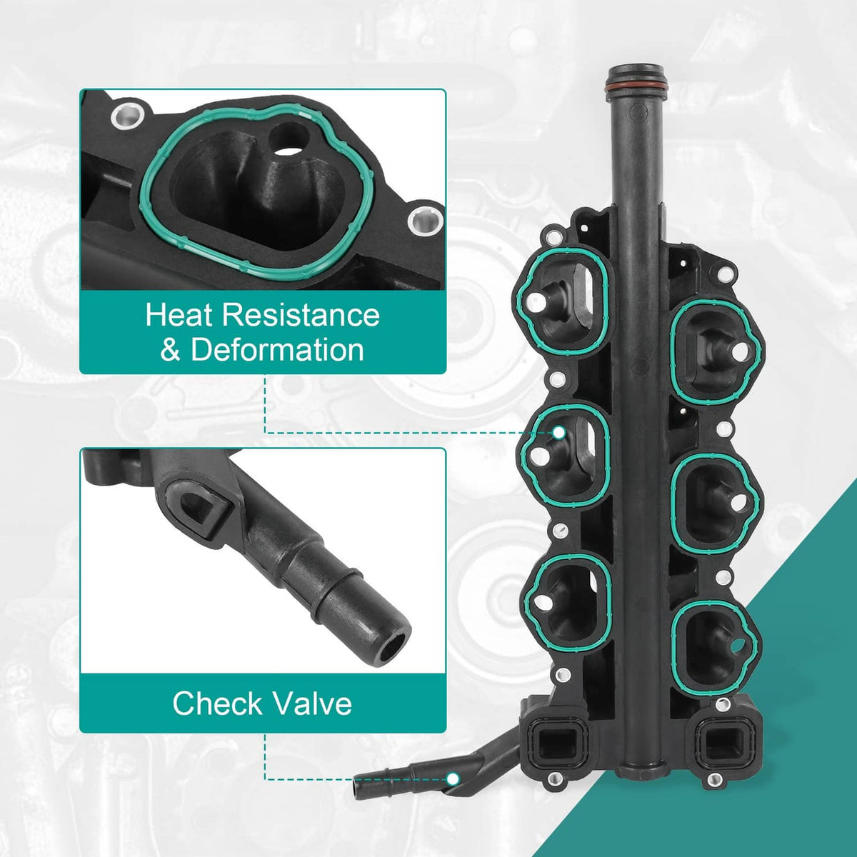 Lower intake manifold detail view with gasket ports and check valve area