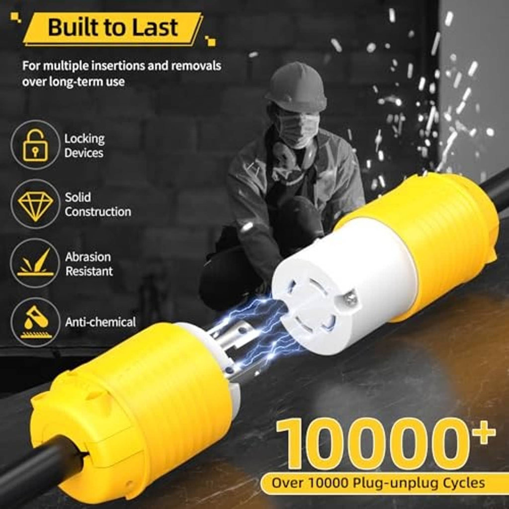 Generator locking female plug with yellow body and white 4-prong connector end.