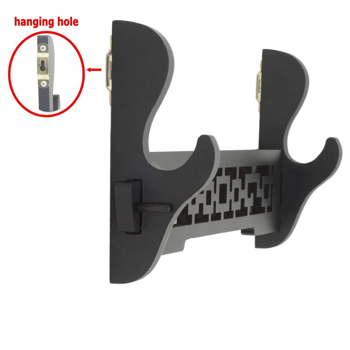 Black wall-mount sword holder with hanging holes and two side mounting brackets.