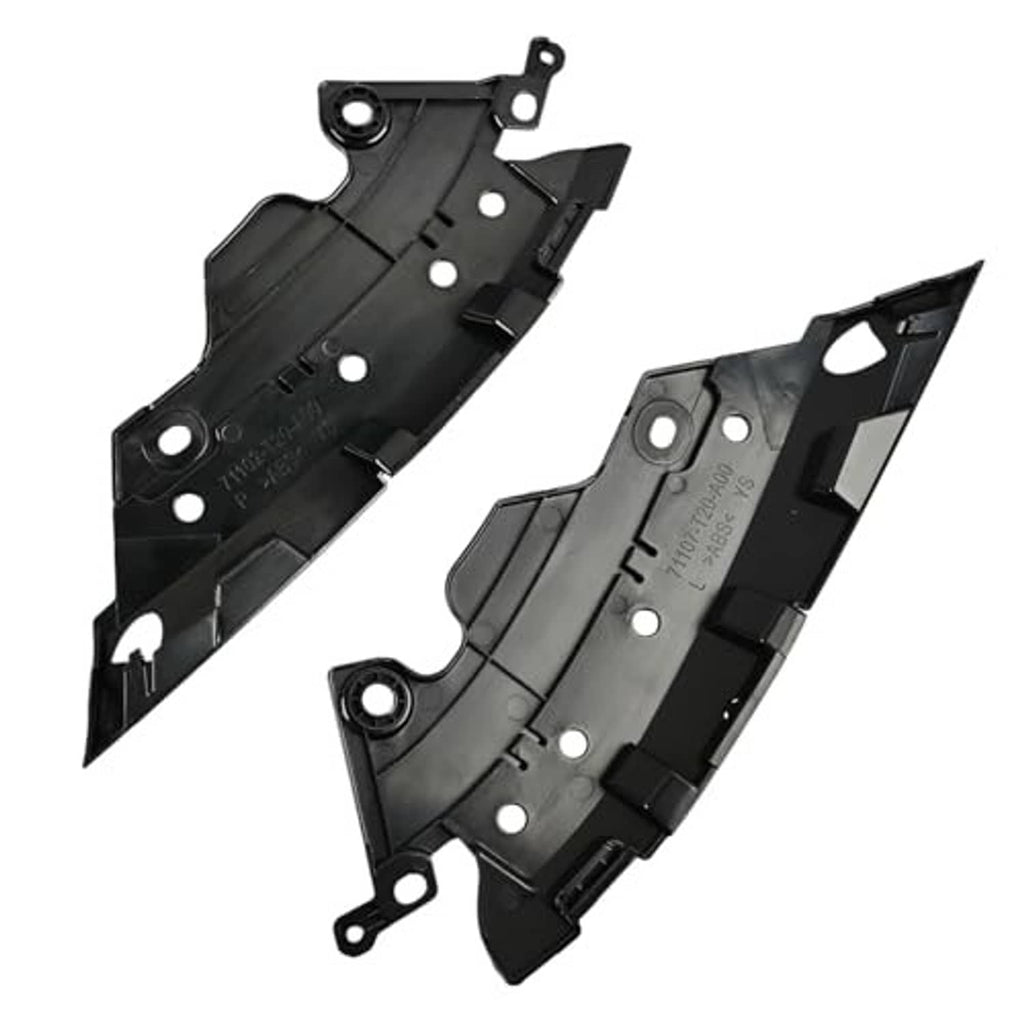 Front bumper grille retainer bracket pair, black plastic underside with mounting holes and clips