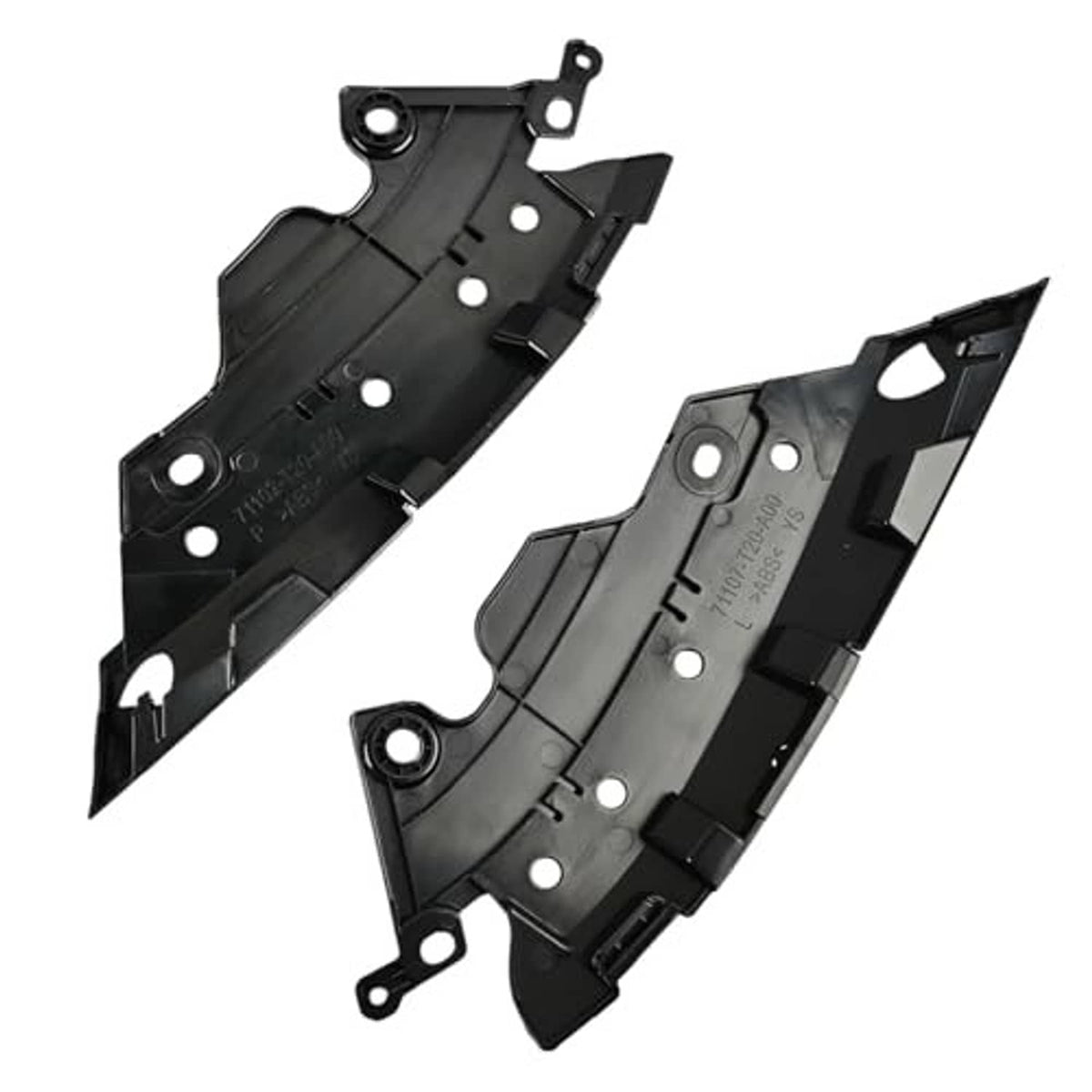 Front bumper grille retainer bracket pair, black plastic underside with mounting holes and clips