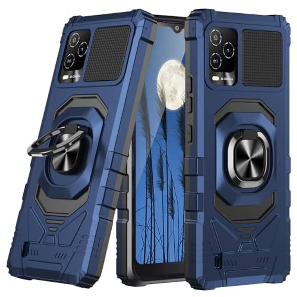 Blue rugged phone case front and back view with textured surface and ring kickstand