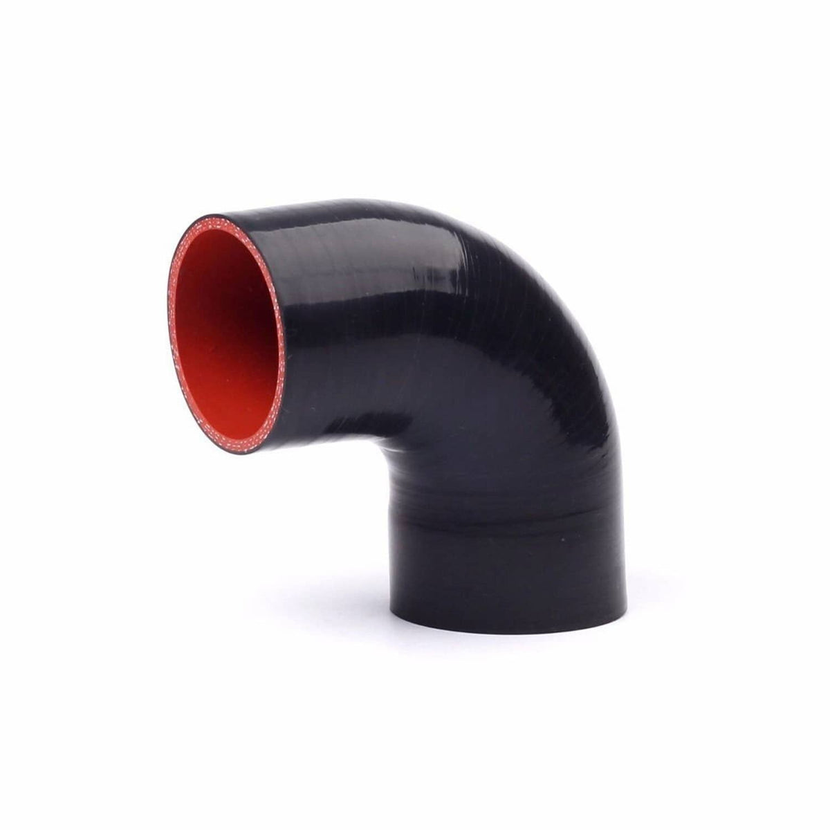 Black 90-degree silicone hose elbow with red inner opening, short curved coupler