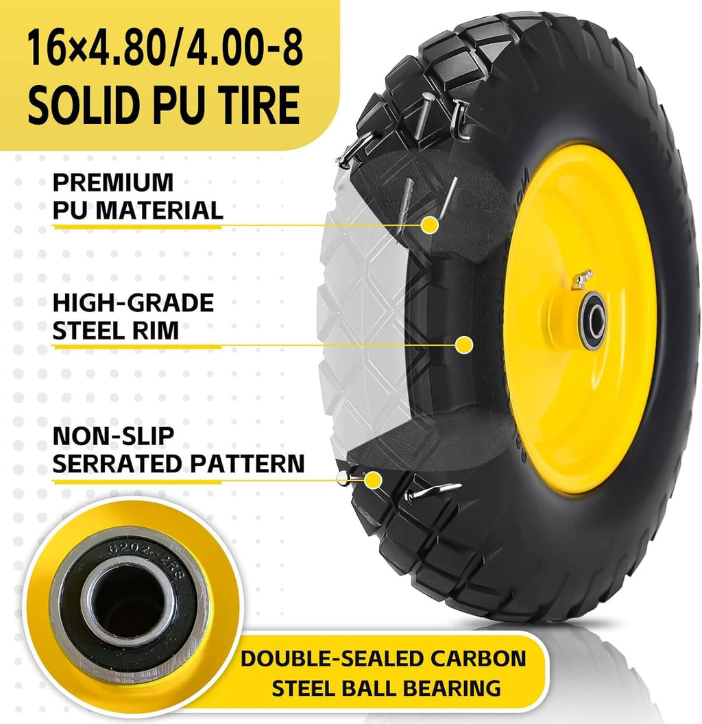 Solid PU wheelbarrow tire with yellow rim and black non-slip tread, close-up view