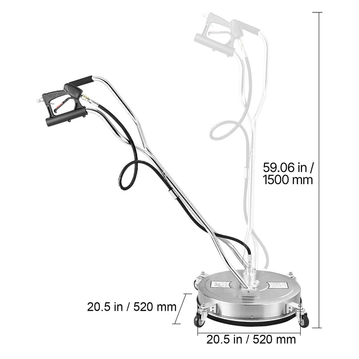 Dual-handle pressure washer surface cleaner with round base and four caster wheels