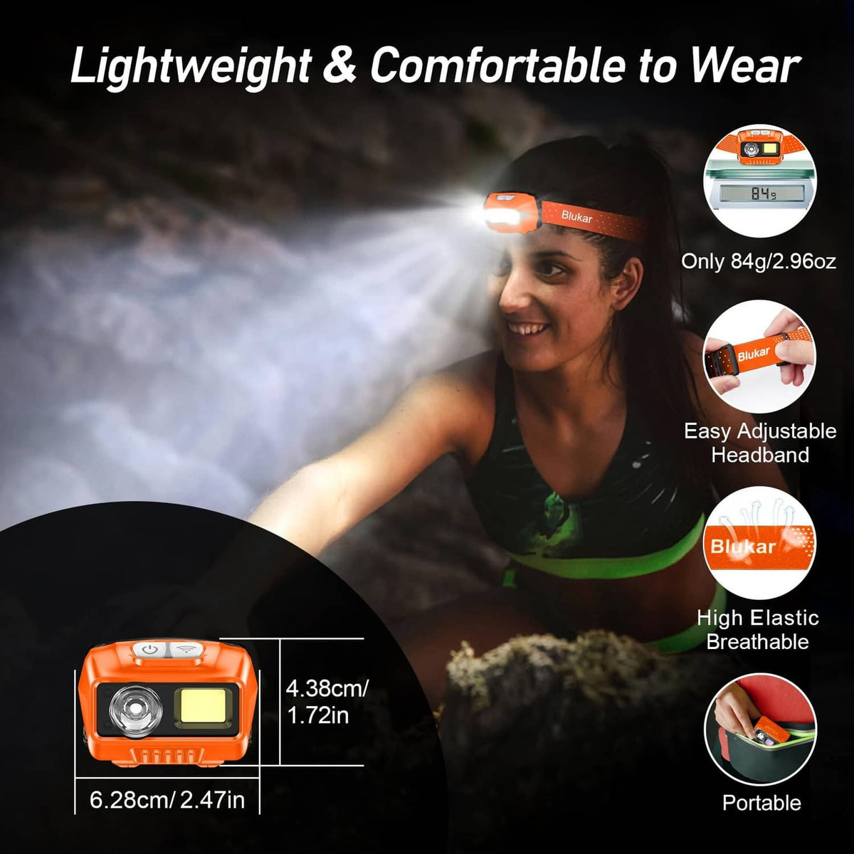 Orange LED headlamp on runner, lightweight elastic band and adjustable head fit