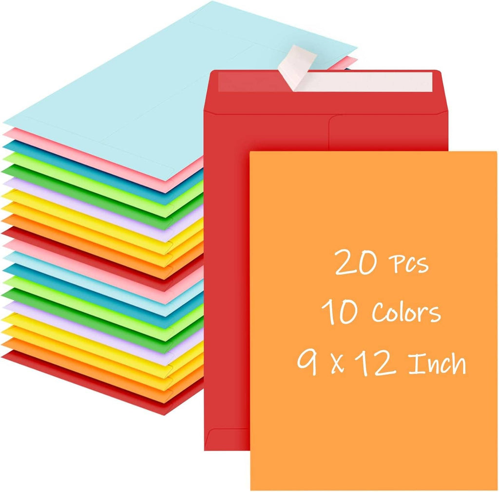 Pack of colorful 9 x 12 mailing envelopes with orange front sheet and stacked sides