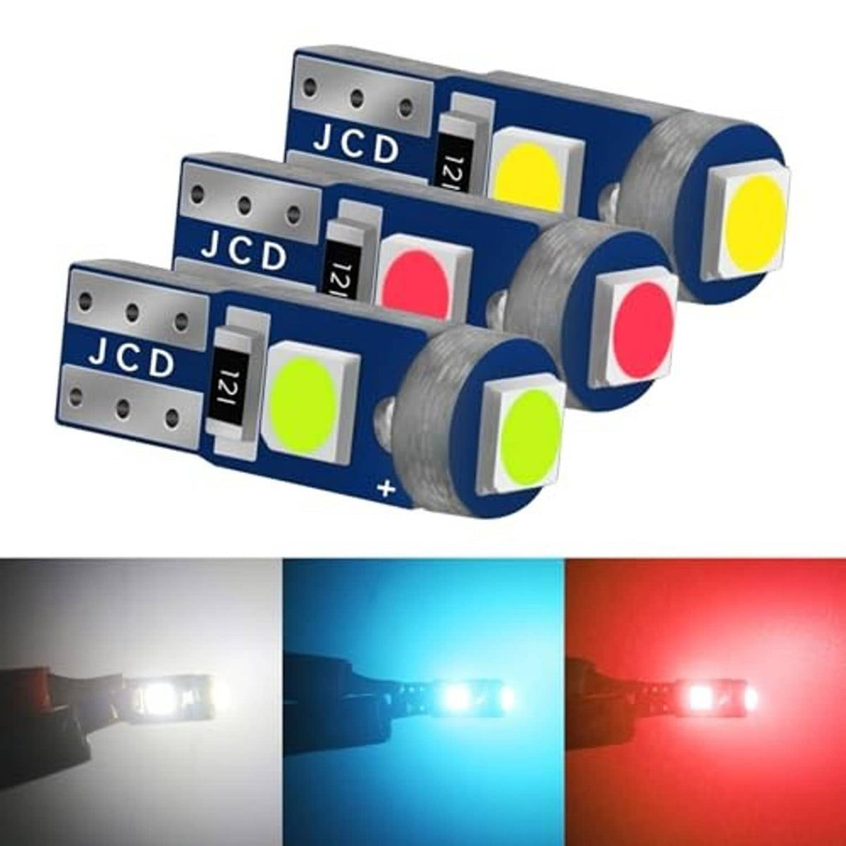 Three blue LED bulbs with colored chips: green, red, and yellow