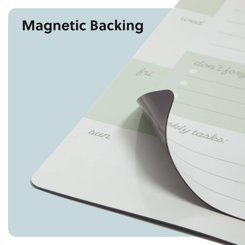 Sage green magnetic backing for vinyl calendar sheet with curved corner detail