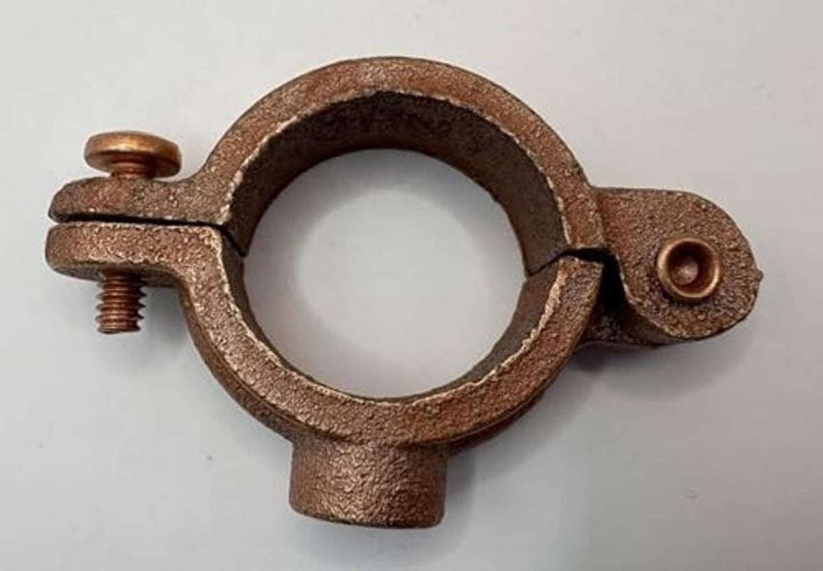 Copper-plated hinged split ring pipe hanger with threaded studs and mounting eyelet
