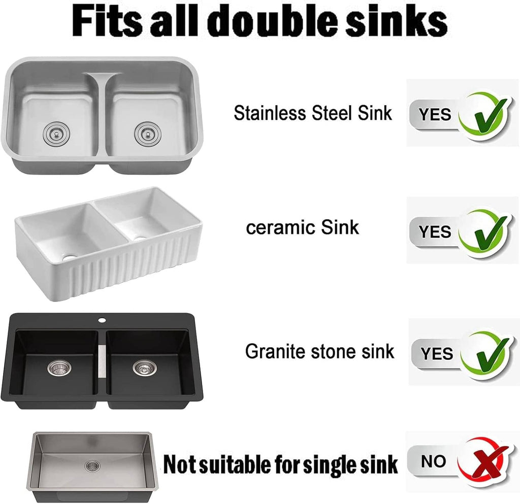 Adjustable dish wand holder fit diagram for double sinks, black rack illustration