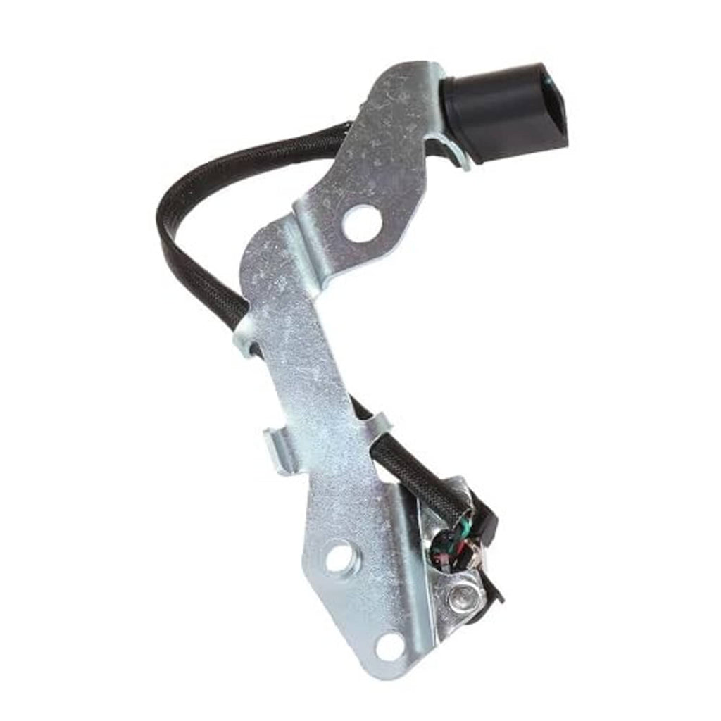 Camshaft position sensor with metal bracket, black connector housing, and mounting holes