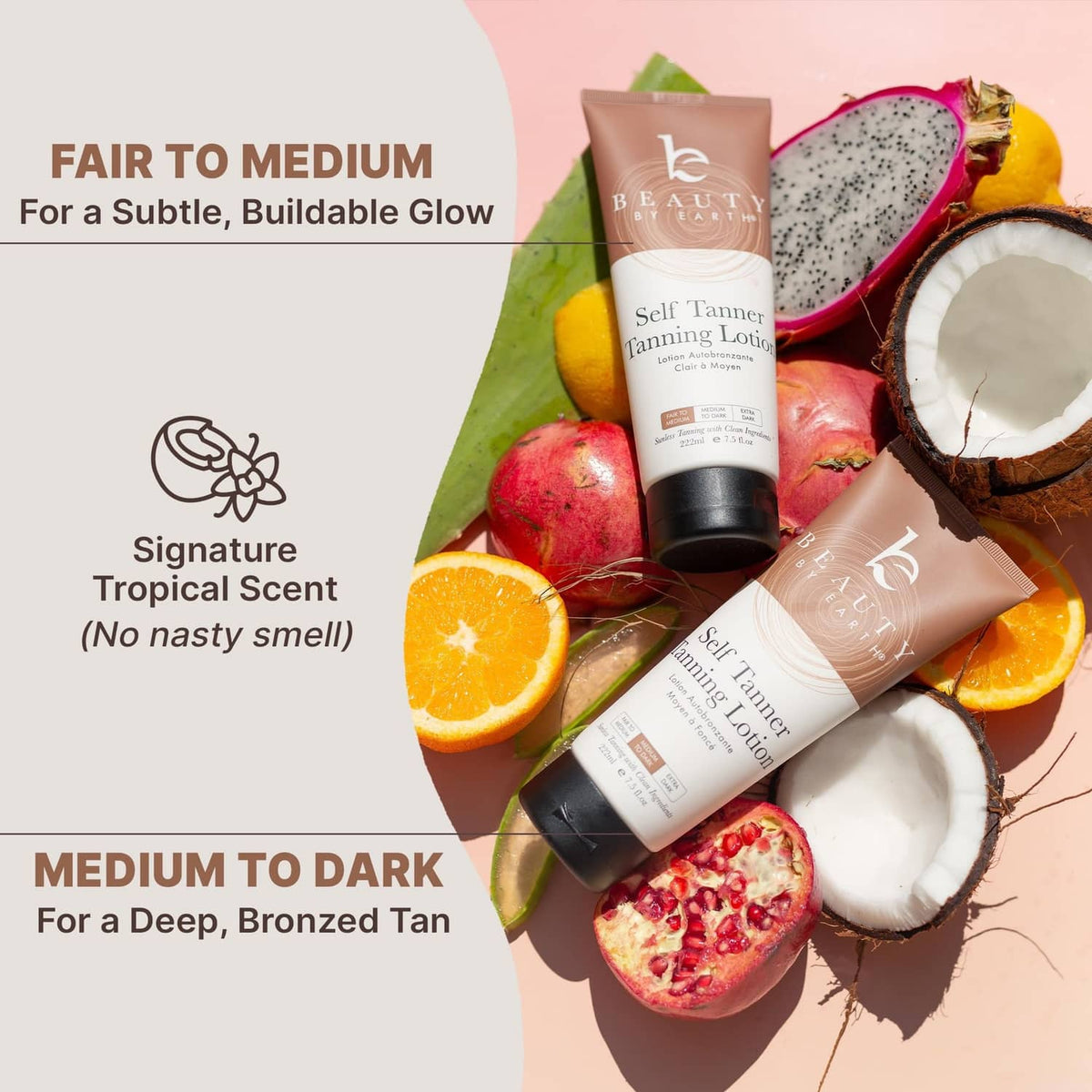 Self-tanner lotion bottles with tropical fruit and coconut shells, medium to dark
