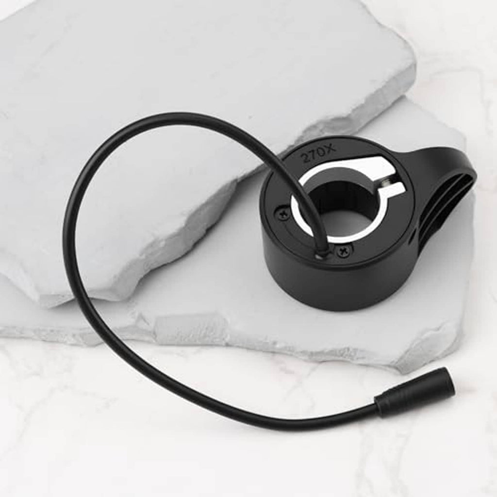 Black thumb throttle with cable loop, circular ring mount, and 3-pin plug