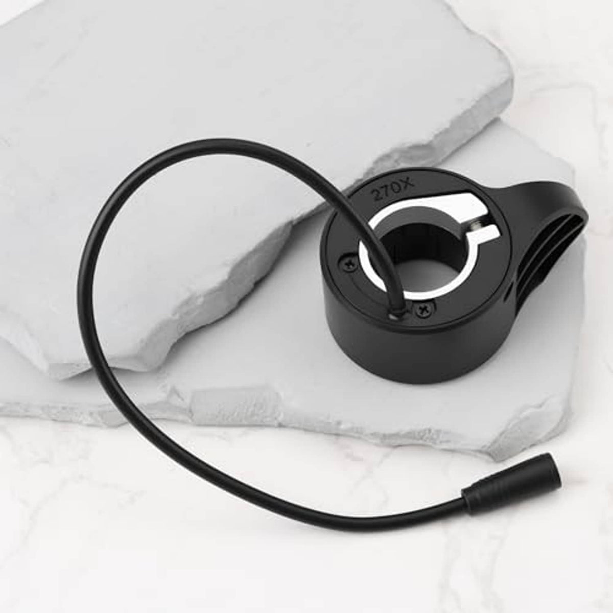 Black thumb throttle with cable loop, circular ring mount, and 3-pin plug