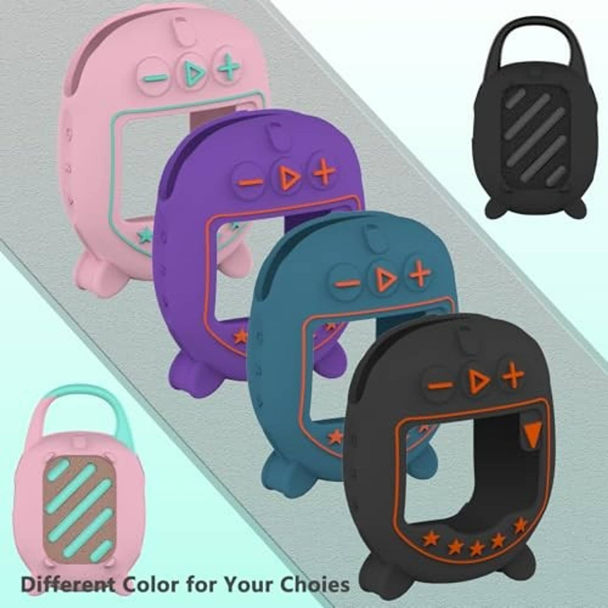 Assorted colored speaker cases with open front window design, including pink, blue, purple, black.