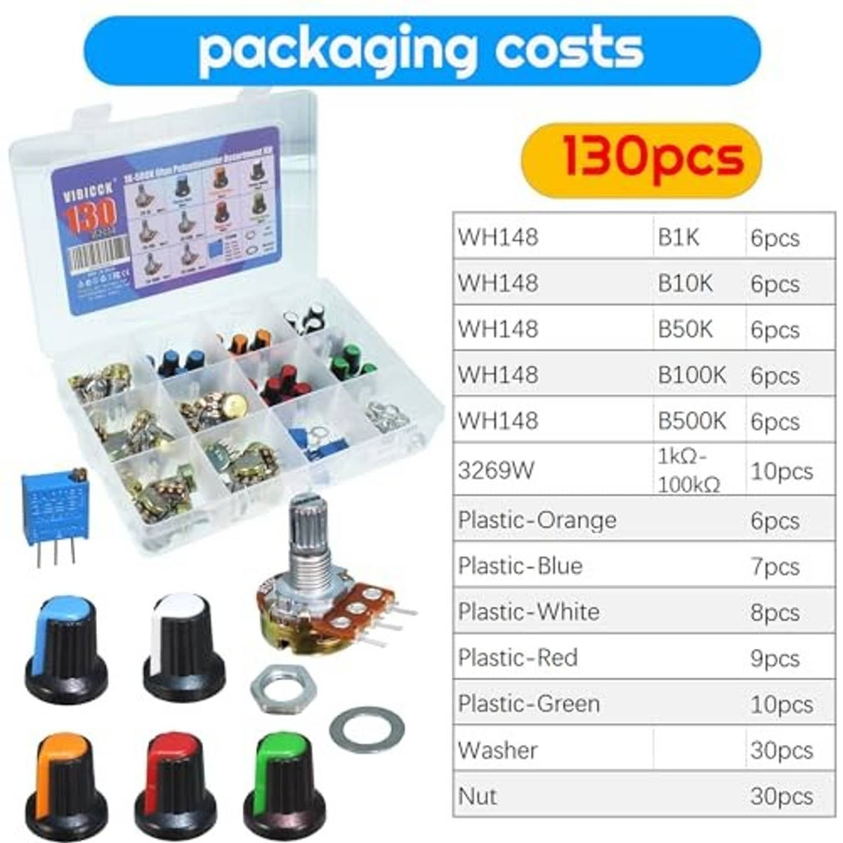 Potentiometer assortment kit with 130pcs, plastic case showing assorted parts and fasteners