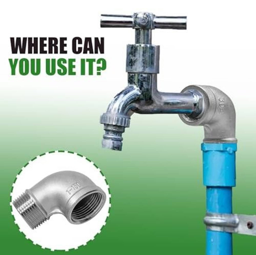 Stainless steel elbow fitting on a pipe assembly with threaded NPT connections