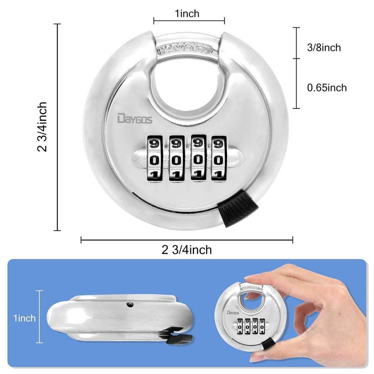 Silver disc padlock with 4-digit dials with size measurements and hand placement