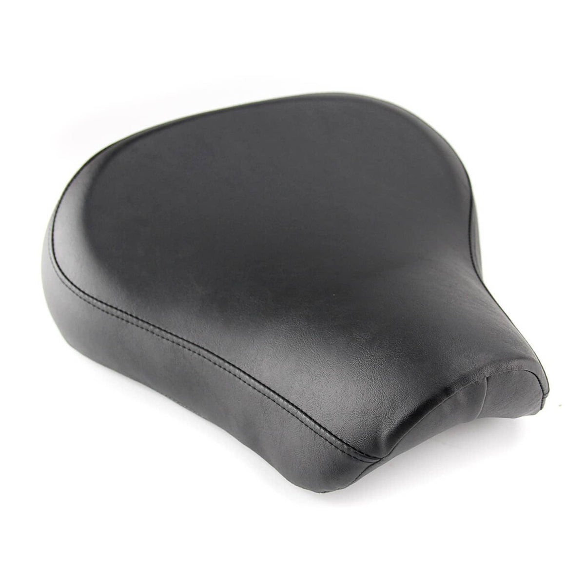 Black motorcycle solo seat with tapered front and stitched side seam