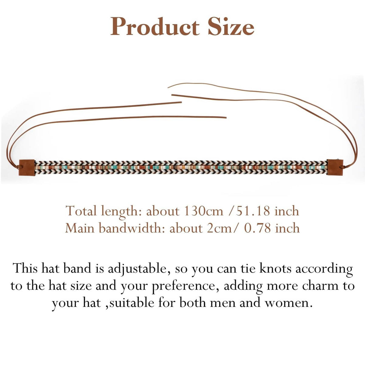 RivetOak 0.78×52 Inch Hat Bands for Women Cowboy Band, 1 Count (Pack of 1), Brown