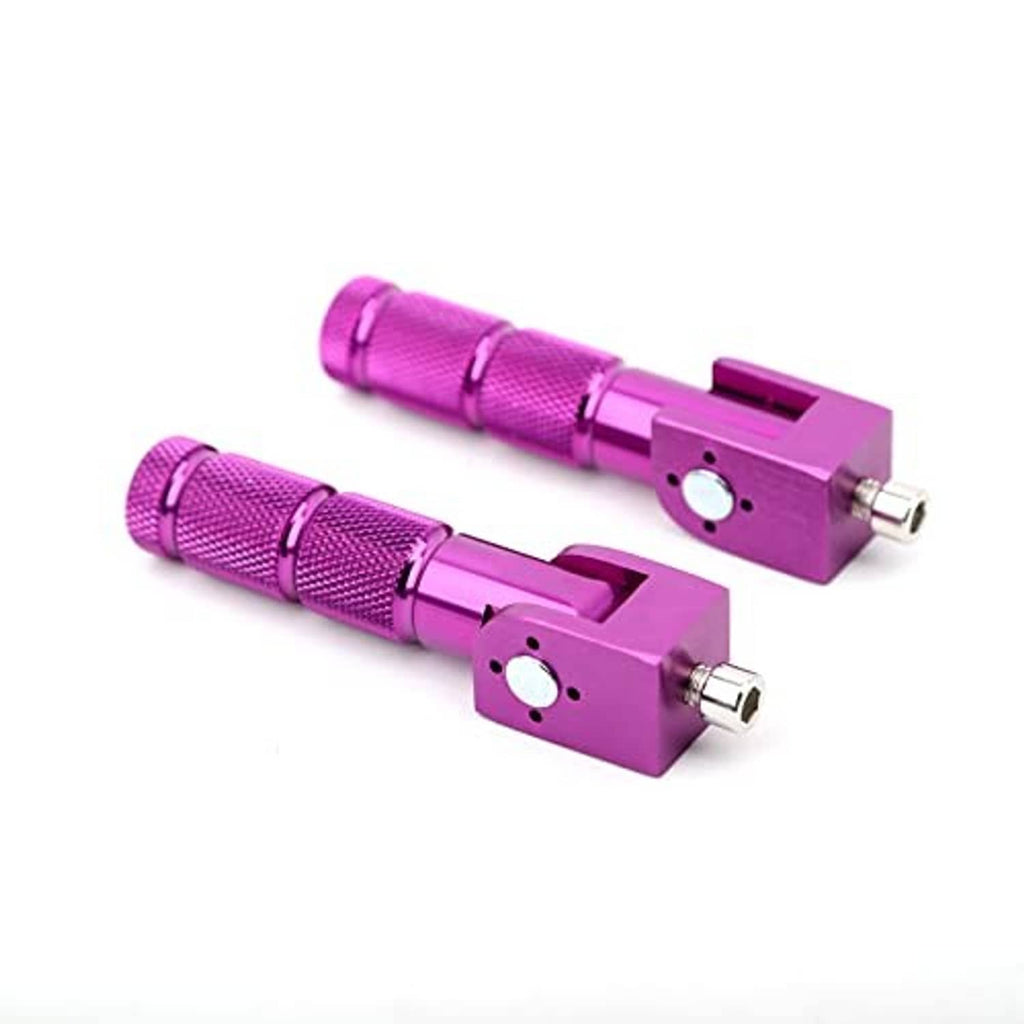 Purple CNC foldable foot pegs with textured grips and mounting plates, pair