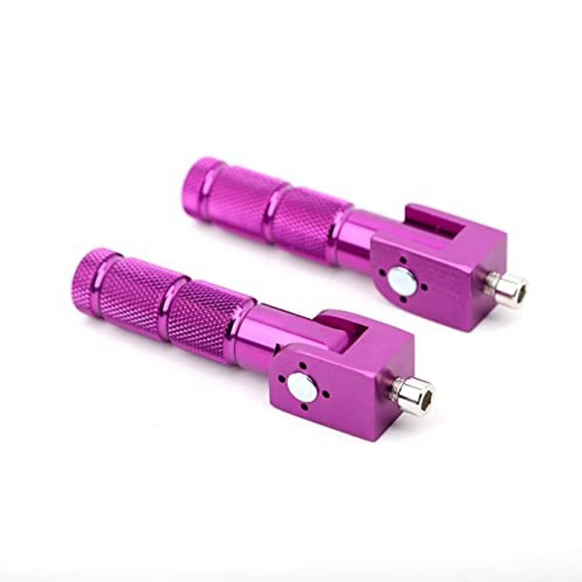 Purple CNC foldable foot pegs with textured grips and mounting plates, pair