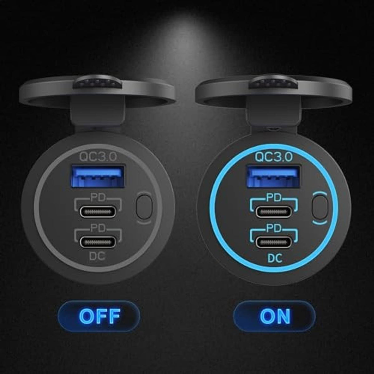 Dual-sided black 12V USB charger showing QC/PD/DC ports and ON/OFF indicators