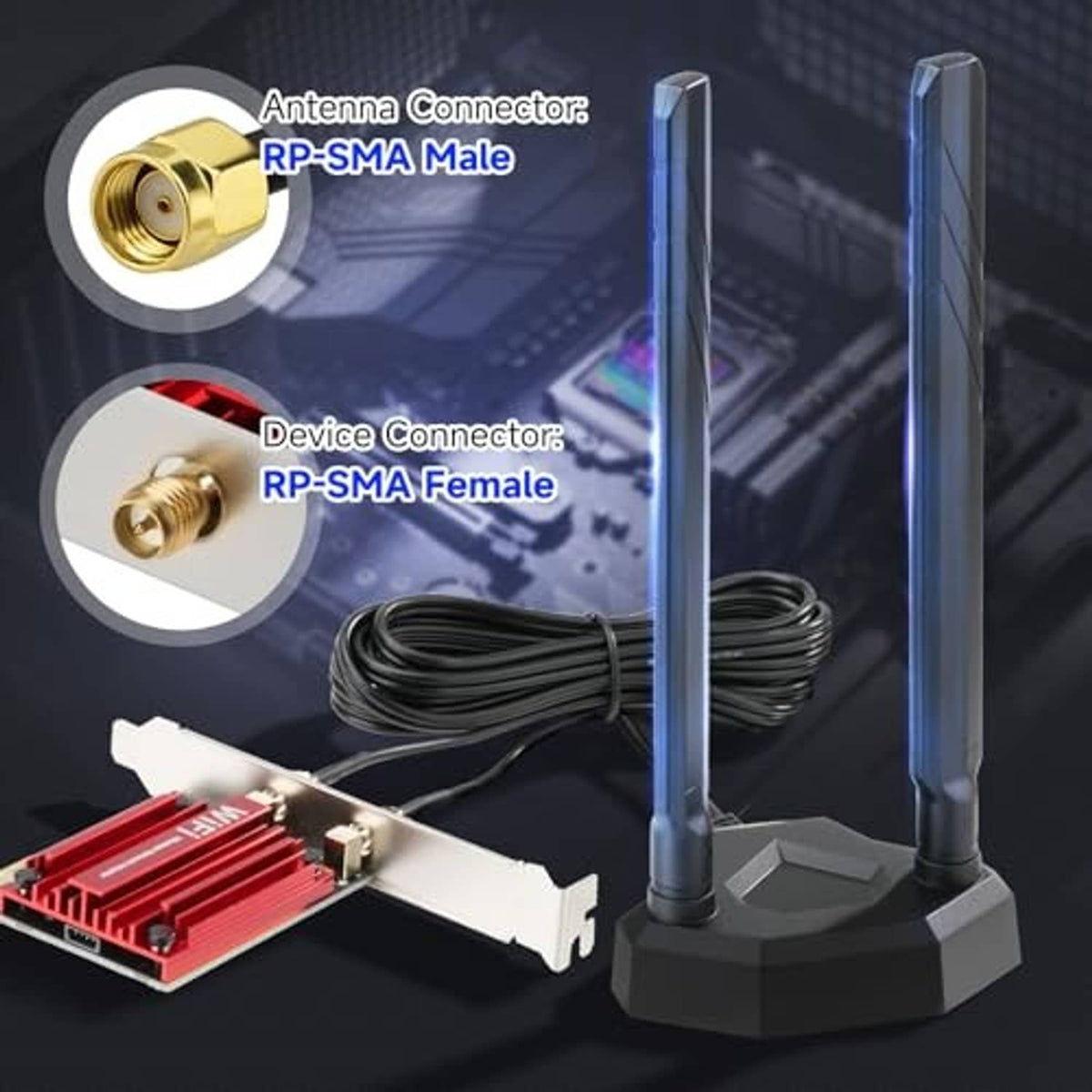 WiFi antennas with coiled cable and RP-SMA male and female antenna connectors