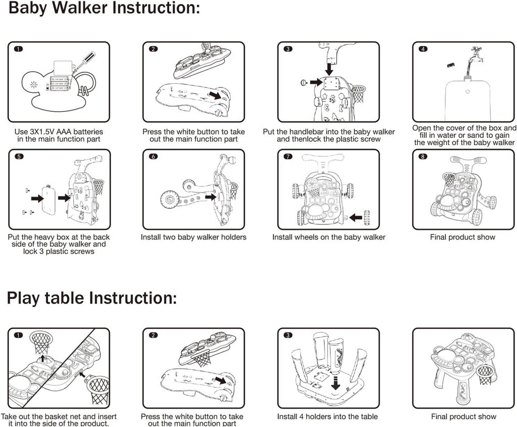 Baby walker instruction sheet with step-by-step setup diagrams and parts overview