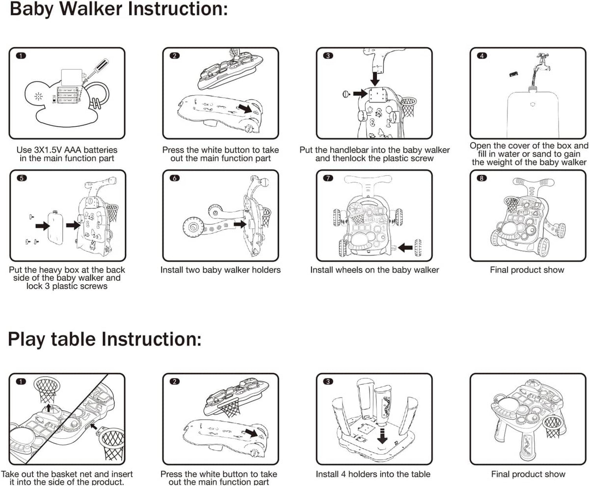 Baby walker instruction sheet with step-by-step setup diagrams and parts overview