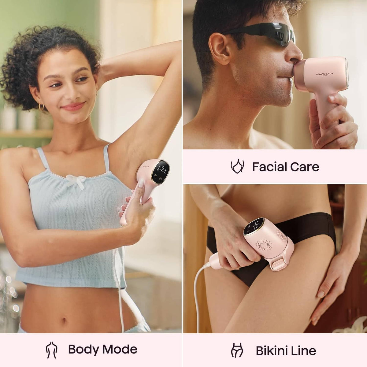 Pink IPL hair removal device used on body and bikini line with display dial