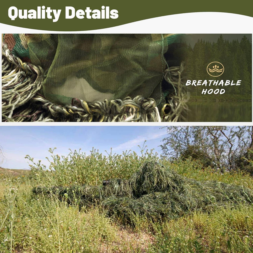 Breathable ghillie hood detail with braided edge and tangled green camouflage fibers.