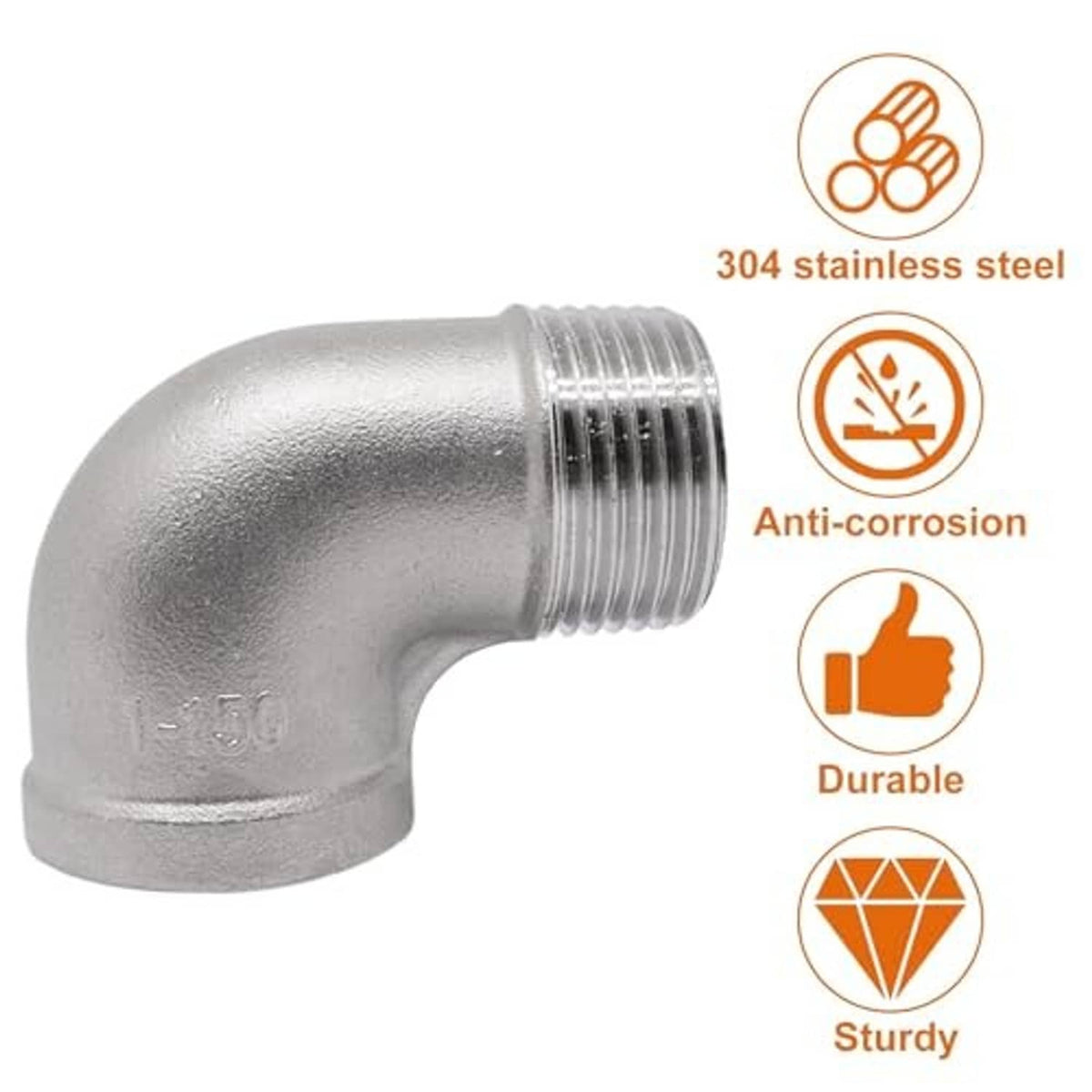 304 stainless steel 90-degree elbow fitting with threaded ends, silver finish
