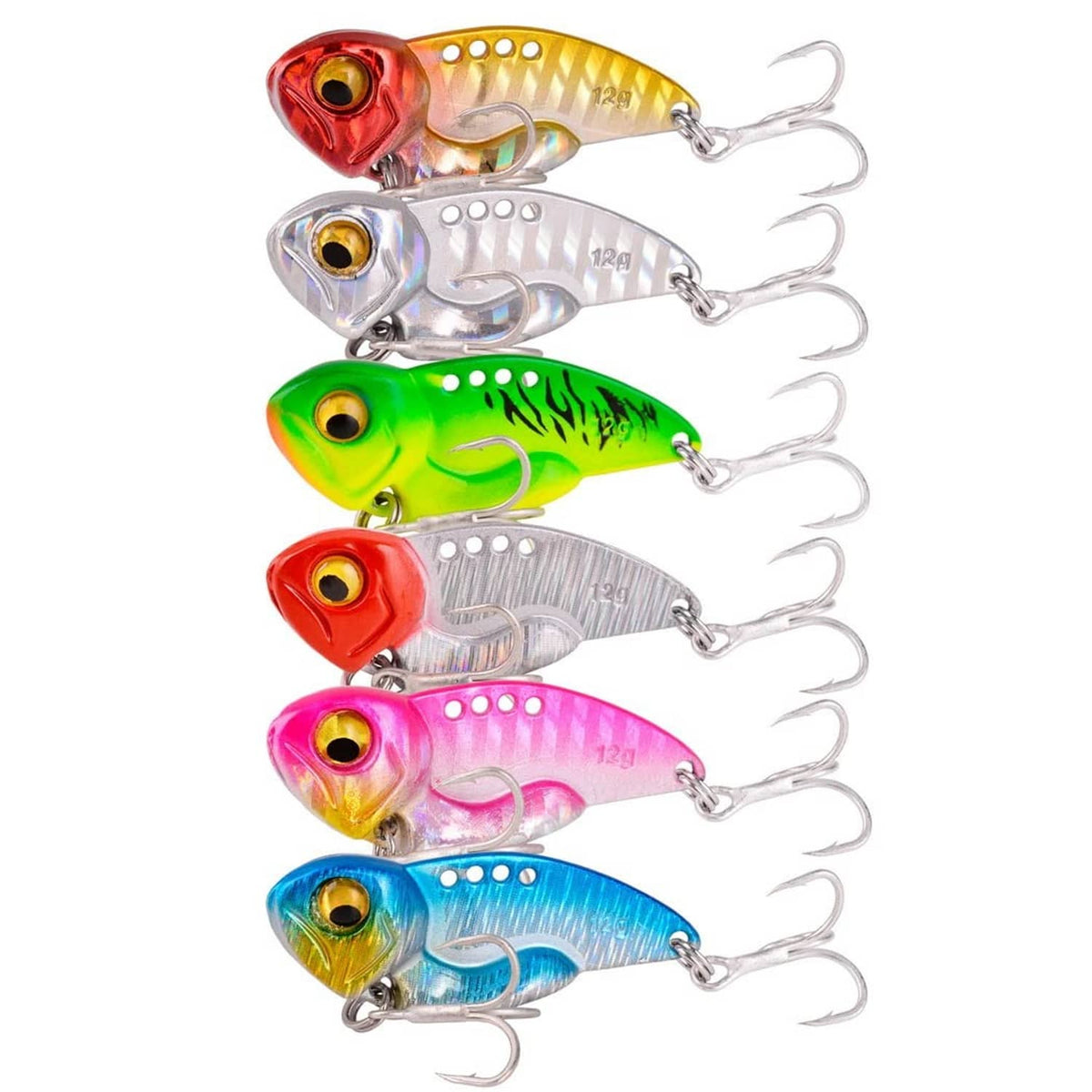 Assorted crankbait lures, four multicolor models with metal treble hooks