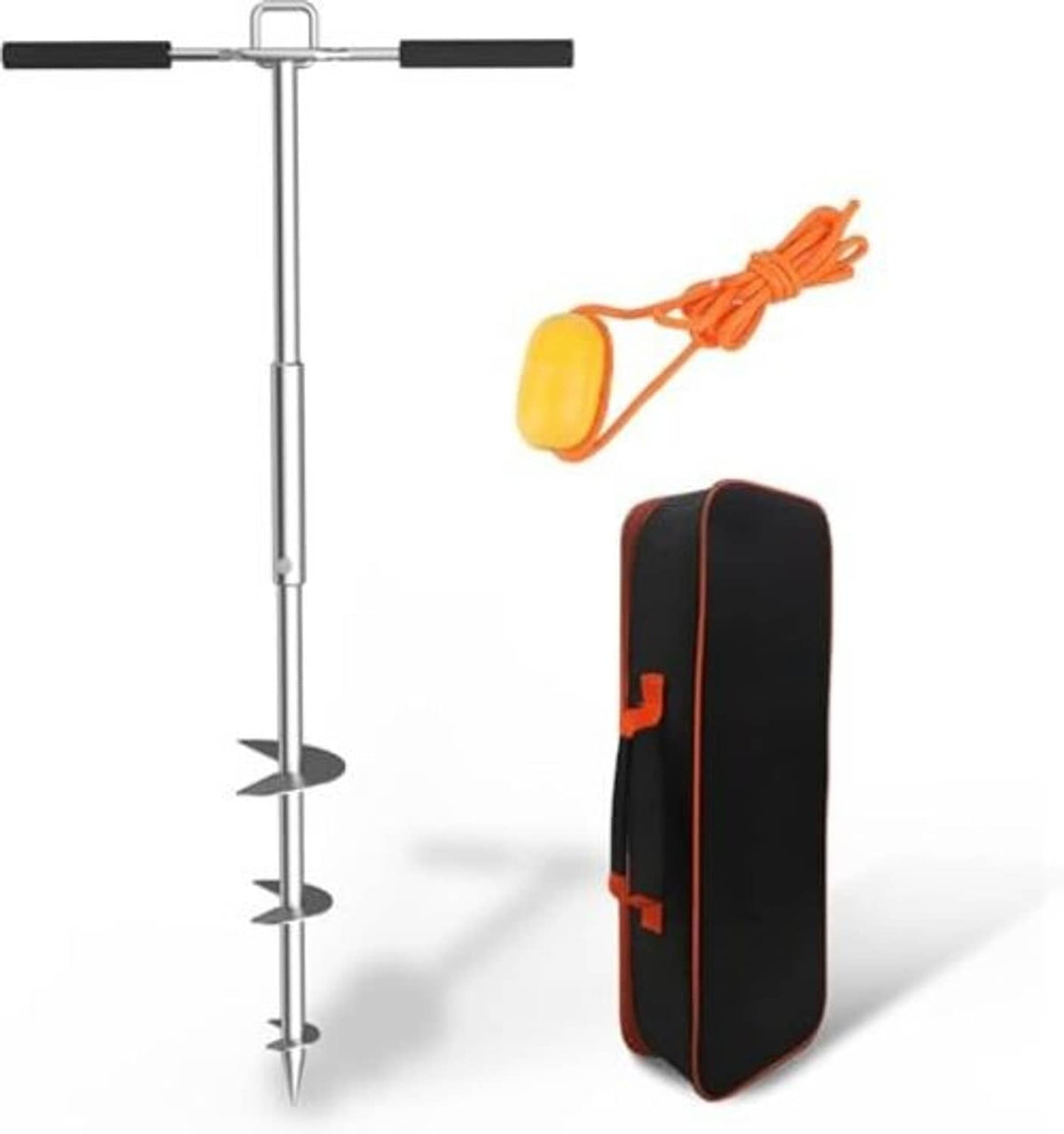 34-inch stainless steel boat sand anchor with orange float buoy and black carry cover, side view