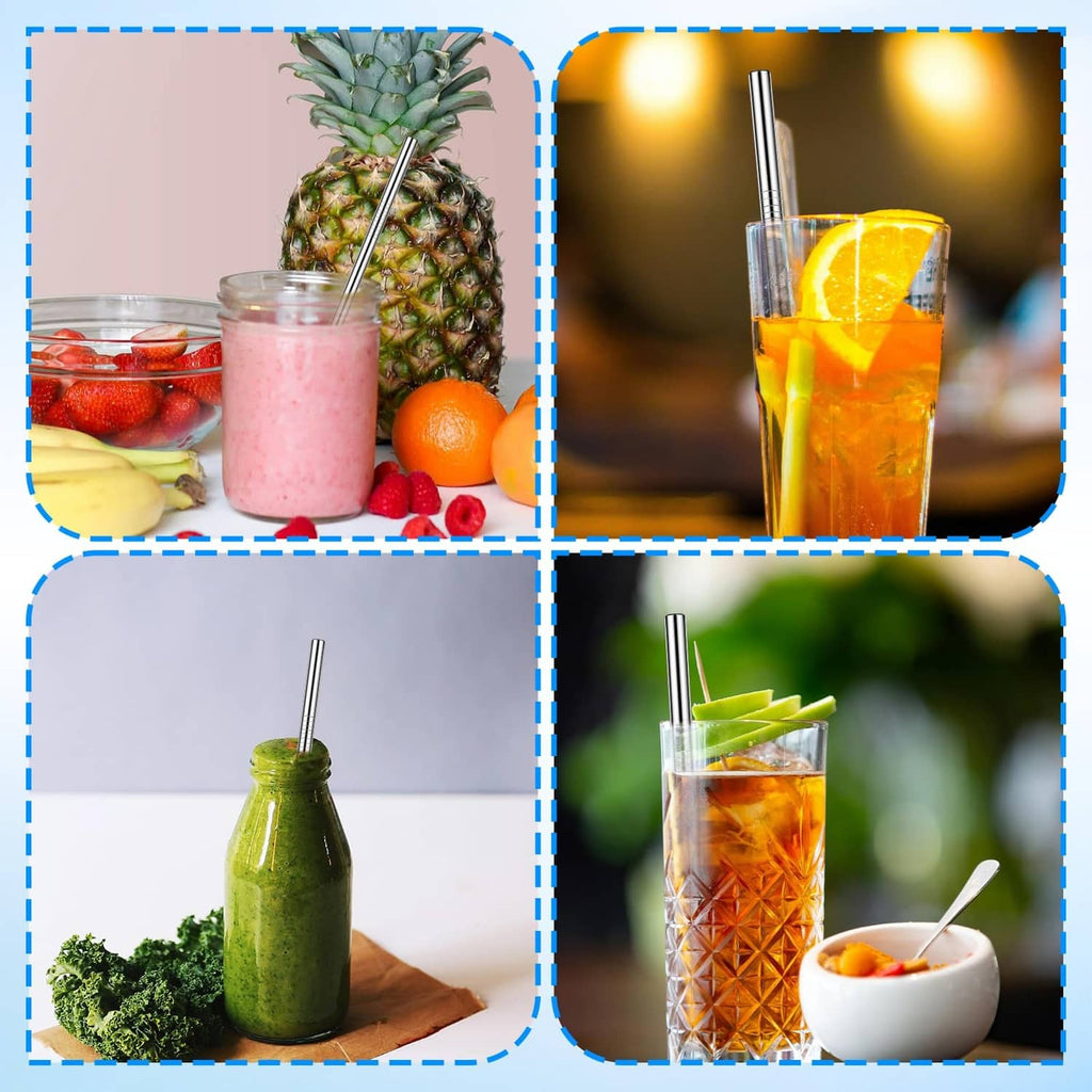 Reusable metal cocktail straw set shown with fruit and juice drink glasses