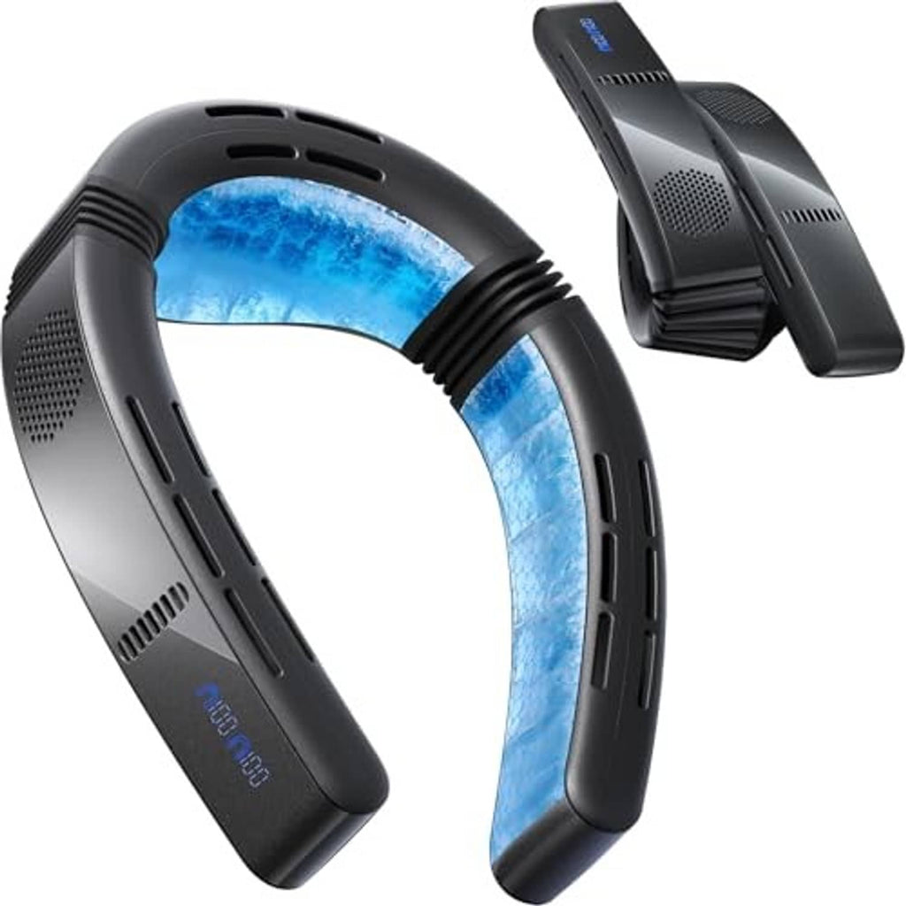 Black foldable neck air conditioner with vented fan grilles, compact folded angle.