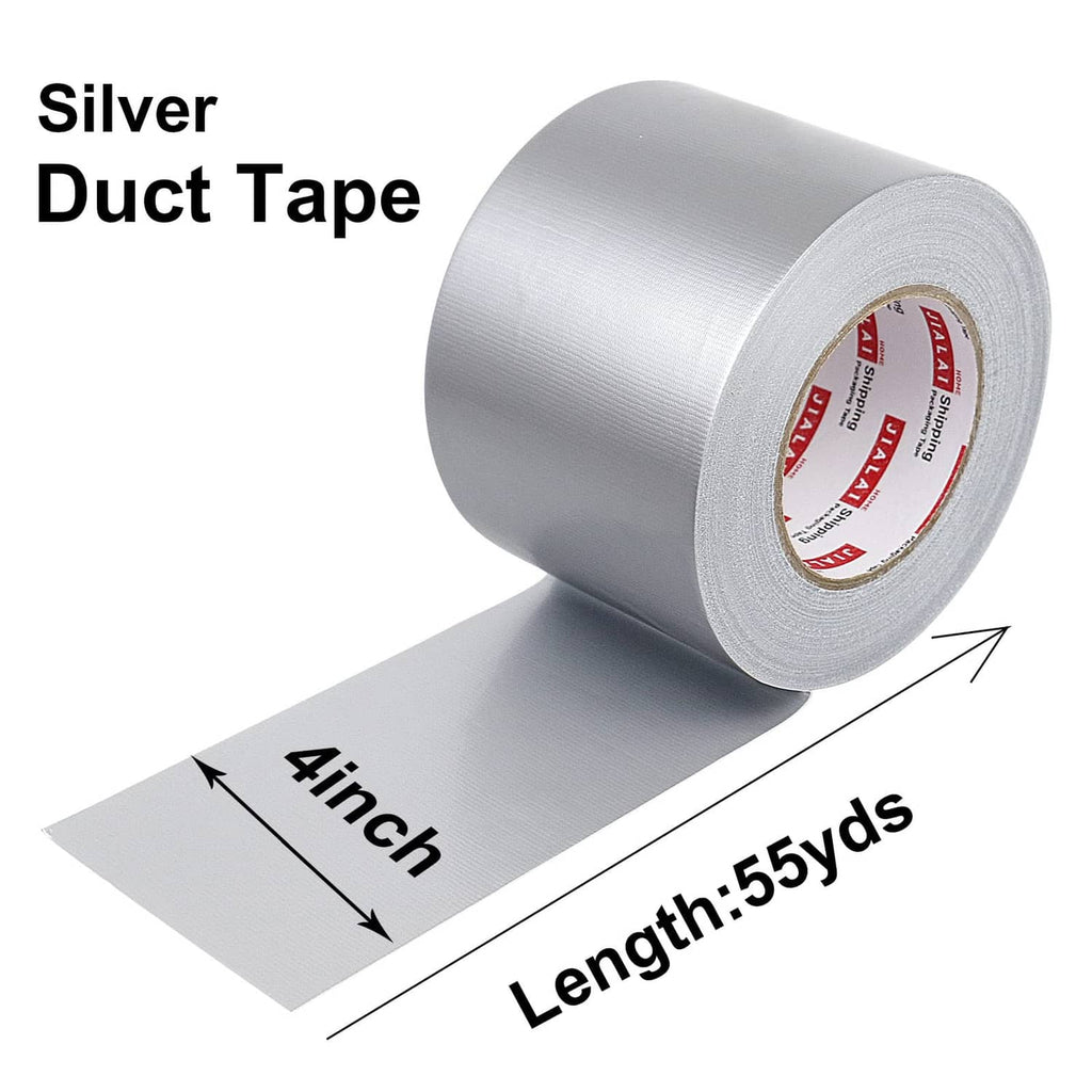 Silver duct tape roll, 4 inch width and 55 yards length, shown with measurements.
