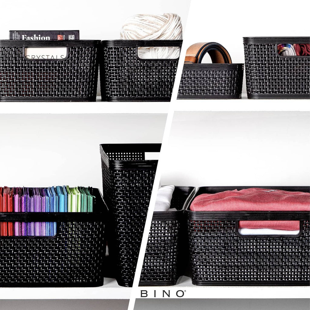 Set of medium black woven plastic storage bins on a shelf