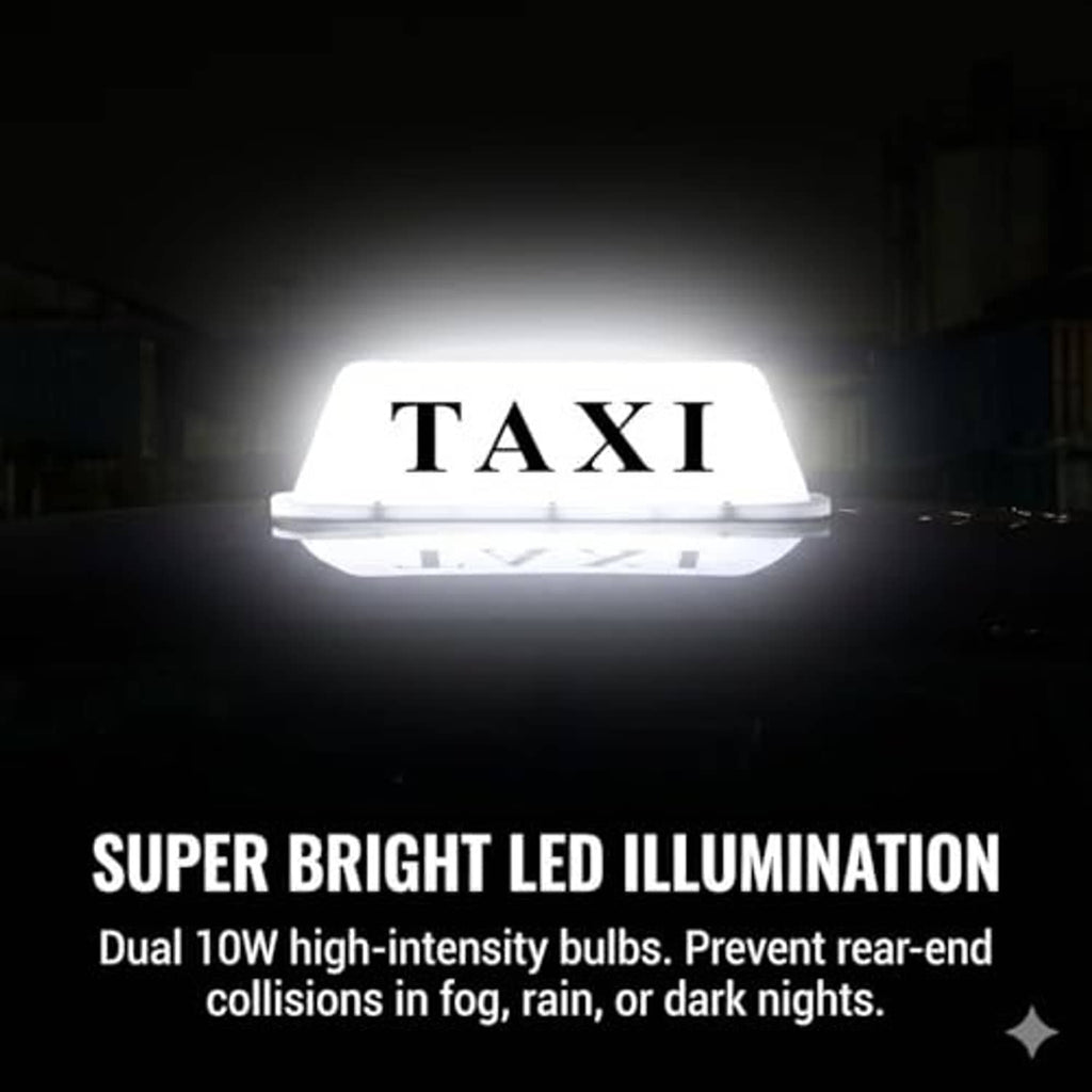 Illuminated white taxi LED roof light with bright glowing light panel
