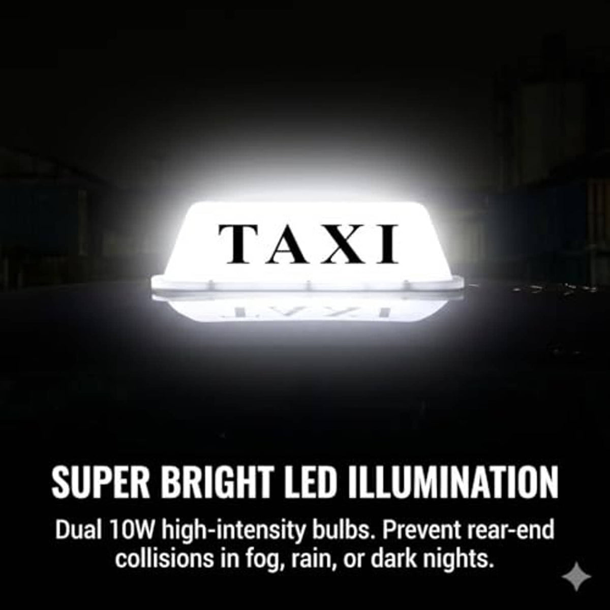 Illuminated white taxi LED roof light with bright glowing light panel