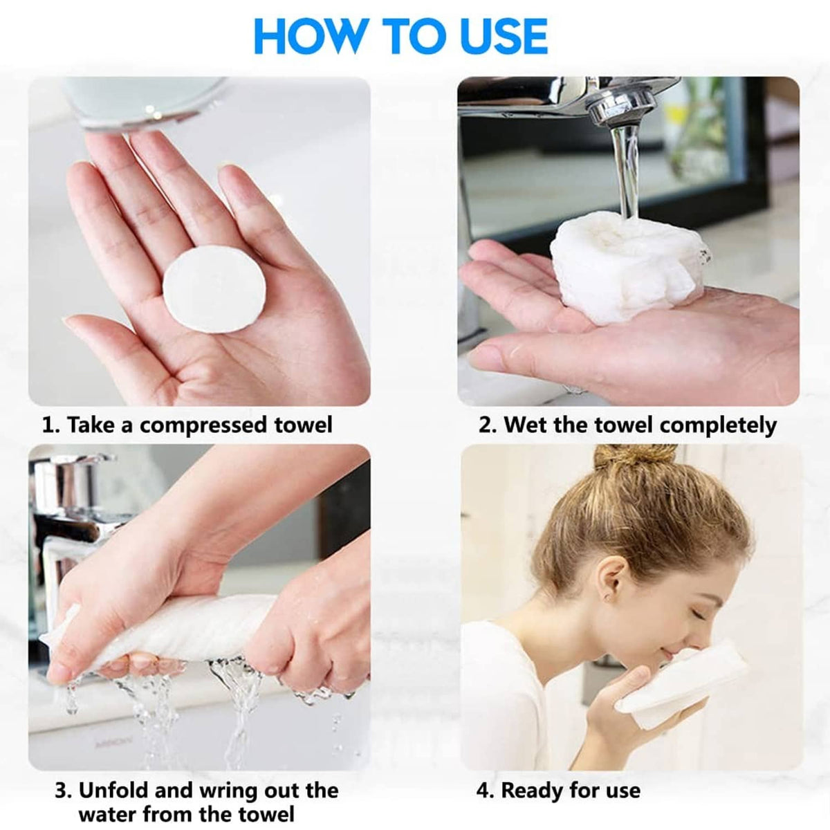 White compressed towel instructions: take, wet, unfold, and ready for use