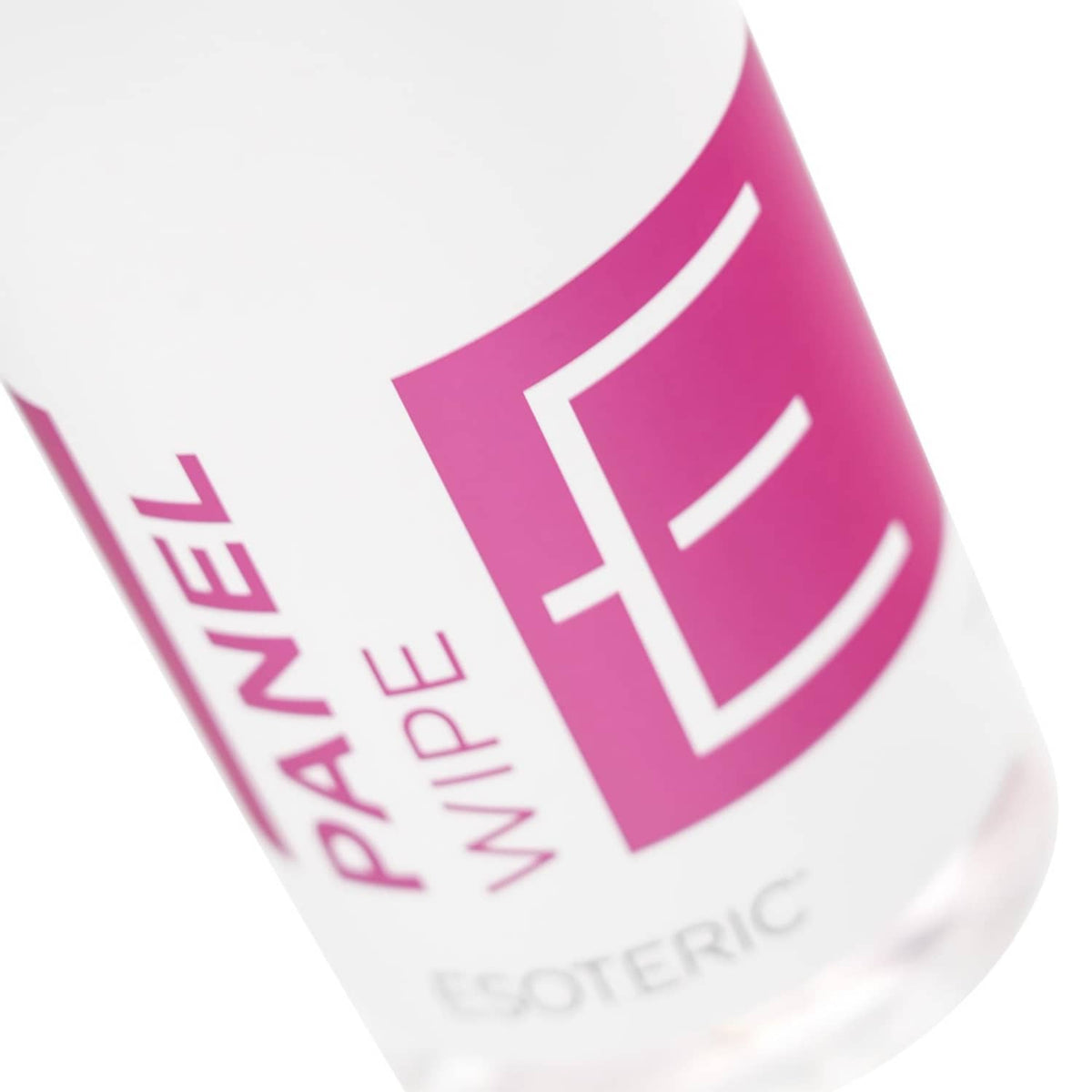 Close view of ESOTERIC Panel Wipe label on white spray bottle with pink graphic