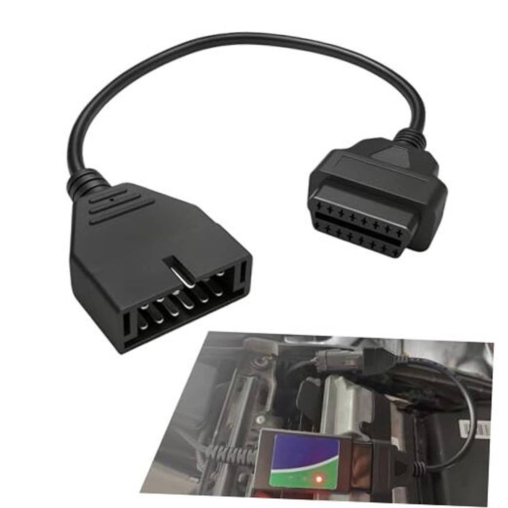 Black OBD1 to OBD2 adapter cable, 12-pin plug to 16-pin OBD2 socket